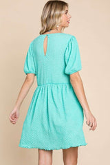 Culture Code Textured Round Neck Puff Sleeve Dress with Pockets