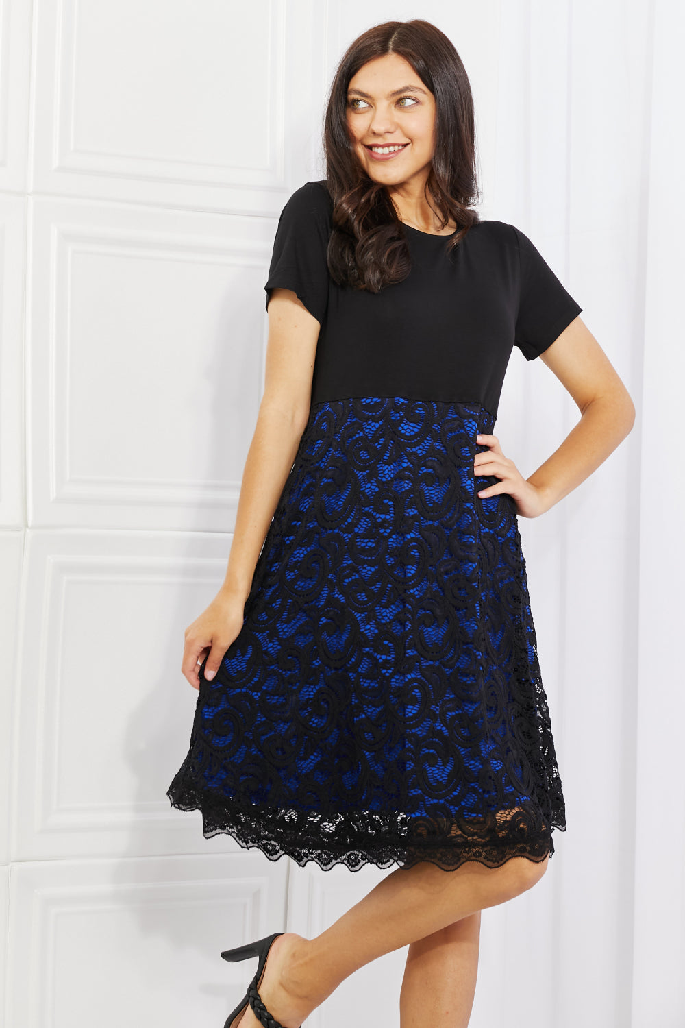Yelete Full Size Lace Midi Dress - Elegant Two-Tone Design