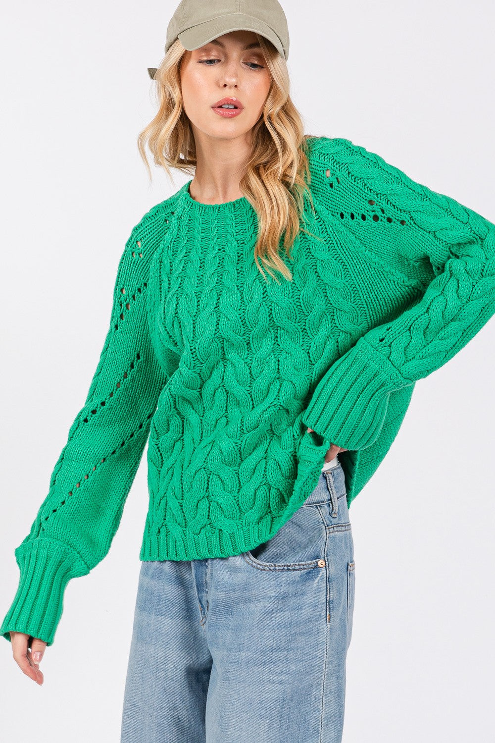 SAGE + FIG Women's Oversized Cable-Knit Long Sleeve Sweater with Ribbed Cuffs