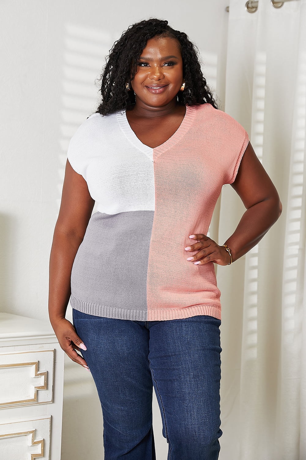Trendy Color Block V-Neck Knit Top for Stylish Comfort