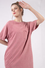 VERY J Washed Cotton Round Neck Mini Tee Dress with Pocket