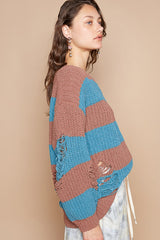 POL Striped Distressed Long Sleeve Chenille Sweater for Women