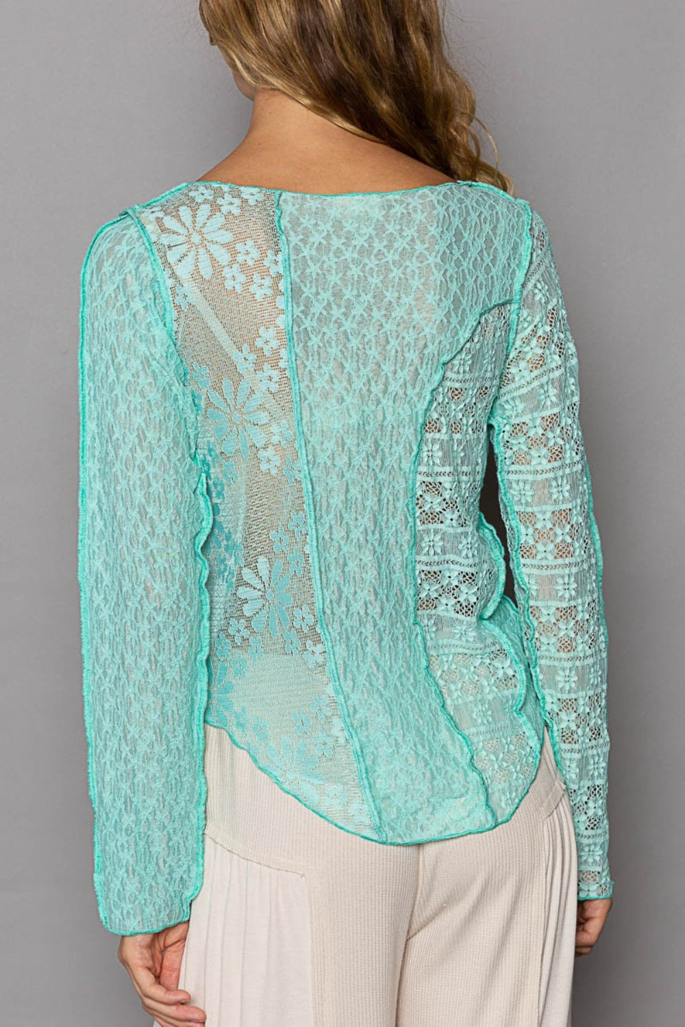 POL Exposed Seam Lace Knit Long Sleeve Top - Elegant & Versatile