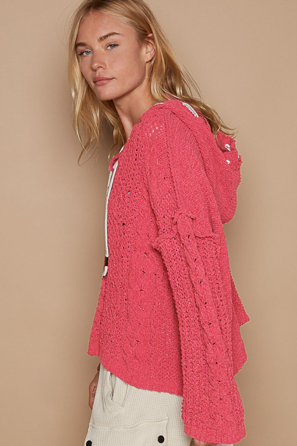 Cozy Cable Knit Hooded Chenille Sweater - V-Neck, Long Sleeve, Stylish & Comfortable