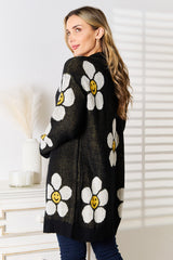 Stylish Floral Button Down Longline Cardigan with Ribbed Design