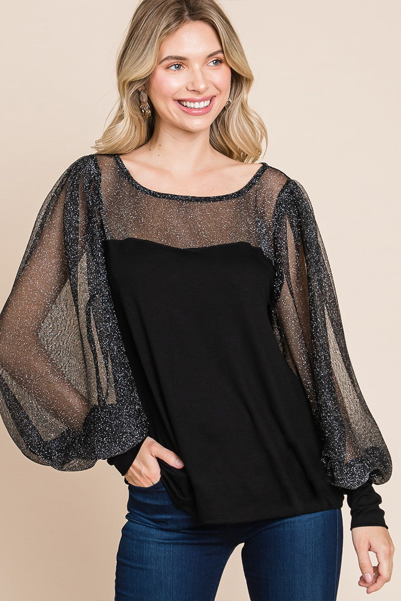 Super Lady Metallic Mesh Lantern Sleeve Blouse - Elegant Full Size Fit for Every Occasion