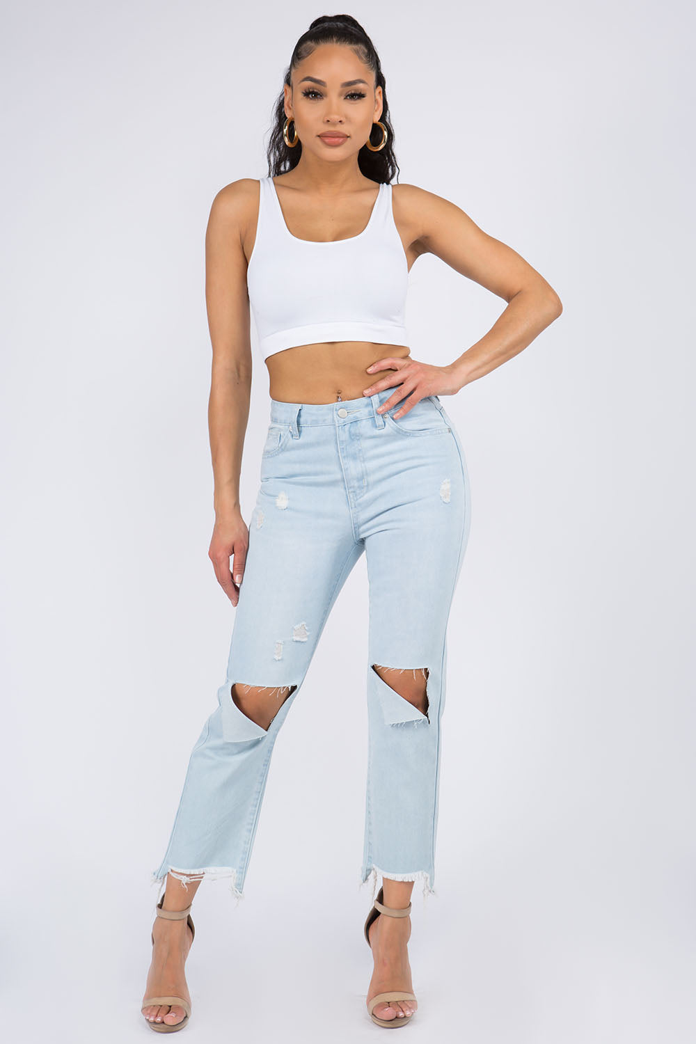 American Bazi Women's High Waist Distressed Raw Hem Jeans - Stylish Cotton Denim