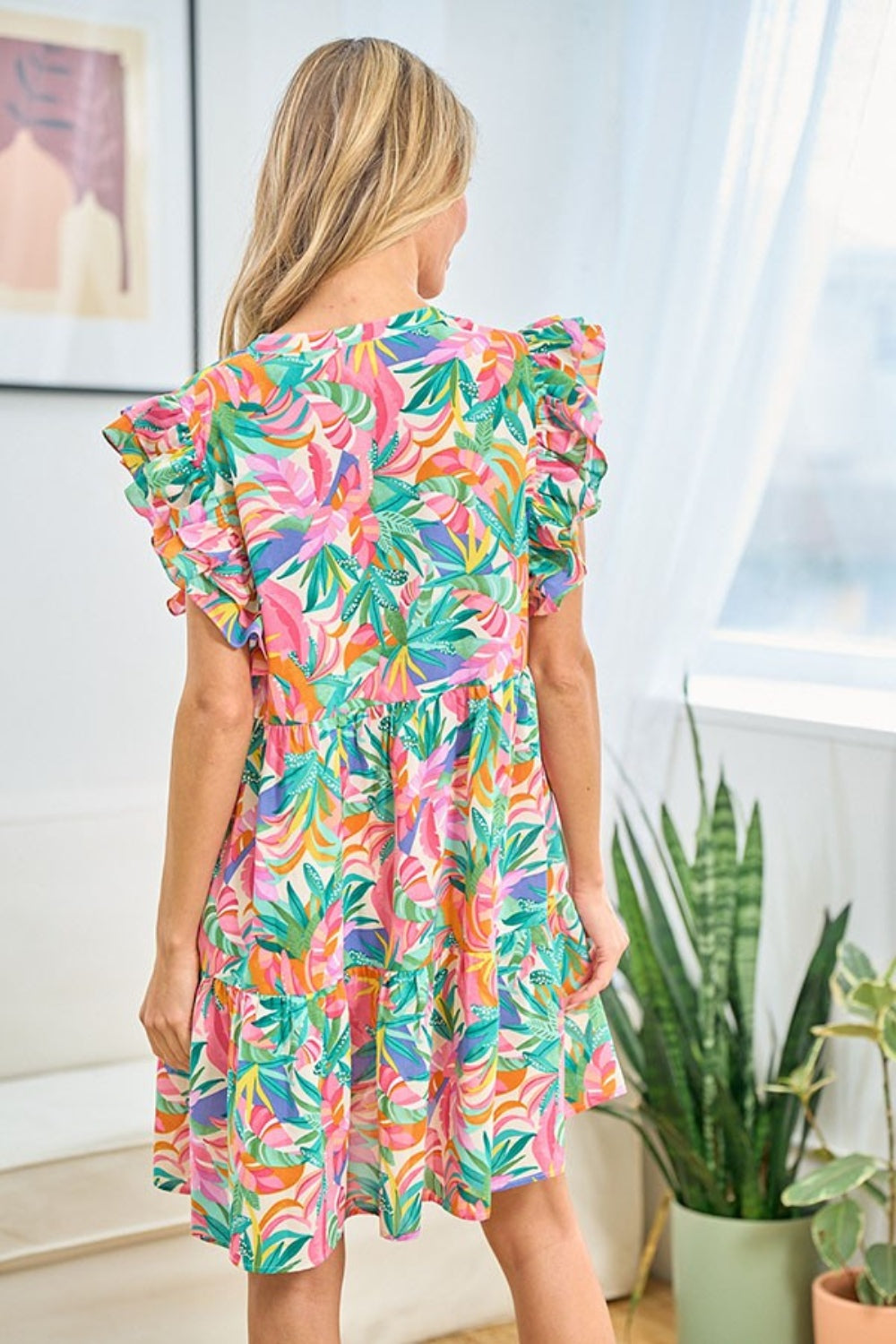 Elegant Ruffled Printed Notched Cap Sleeve Dress - First Love