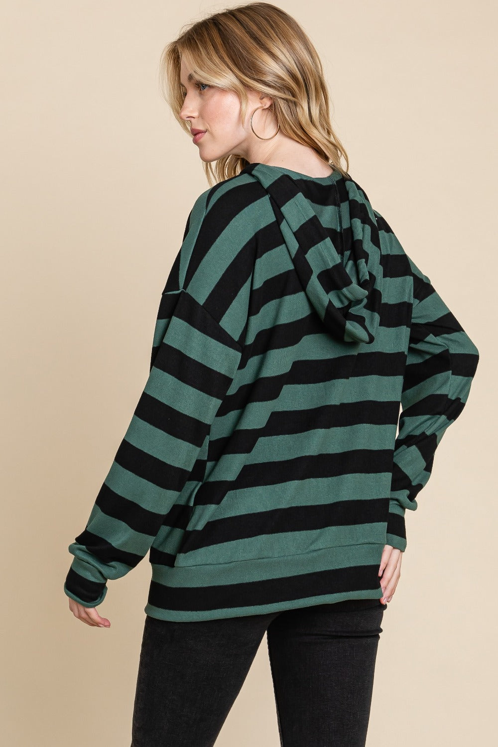 BOMBOM Women's Striped Drawstring Dropped Shoulder Hoodie - Trendy Streetwear