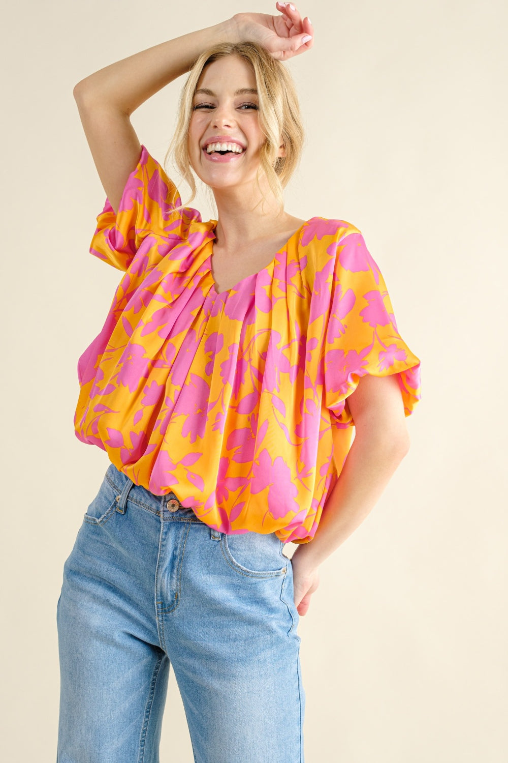 Trendy Printed Satin Bubble Hem Top by And The Why - Chic & Versatile Fashion