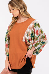 SAGE + FIG Full Size Printed Balloon Sleeve Contrast Top – Stylish Knit with Floral & Plaid Accents