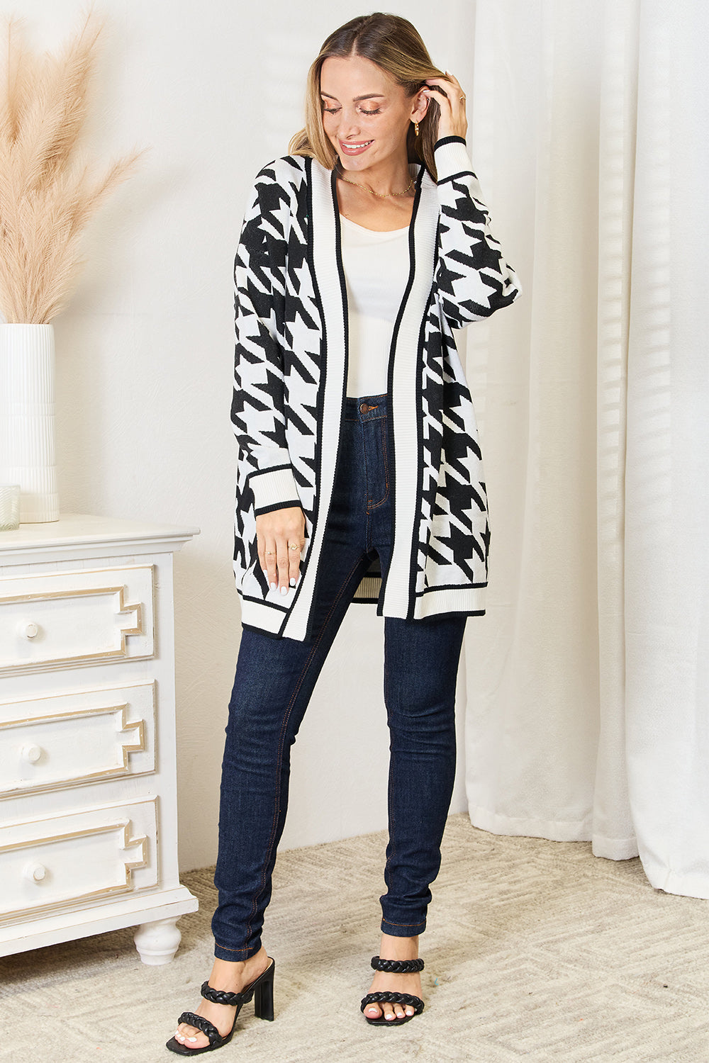 Elegant Houndstooth Open Front Longline Cardigan - Versatile Layering Piece