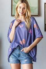 HOPELY Women's Casual Bow Print Waffle-Knit T-Shirt with Side Slits - Chic and Comfortable