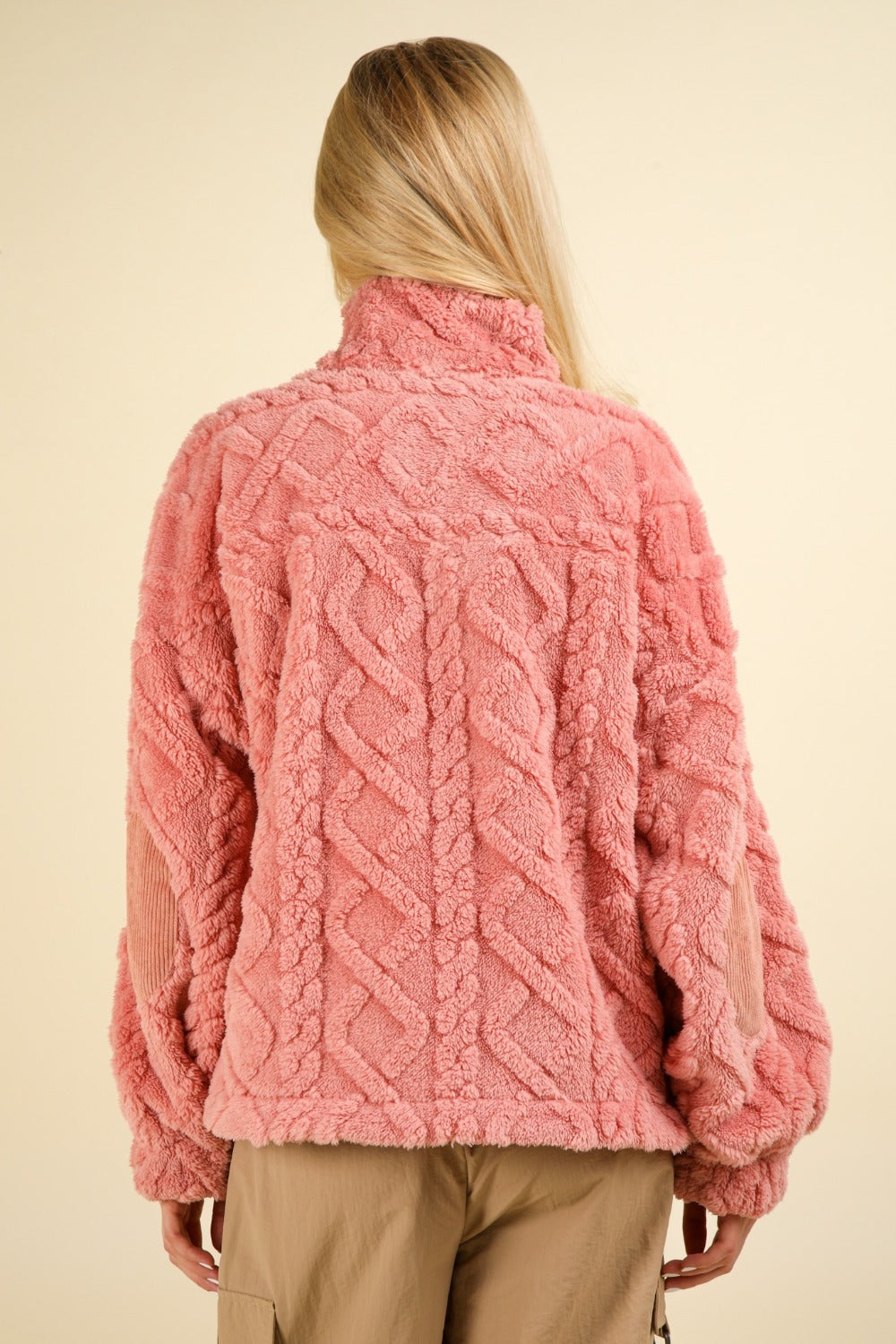 VERY J Women's Cozy Fuzzy Fleece Half Zip Sweatshirt with Cable Pattern & Corduroy Elbow Patches