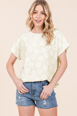 BOMBOM Women's Textured Floral Short Sleeve T-Shirt - Casual Chic