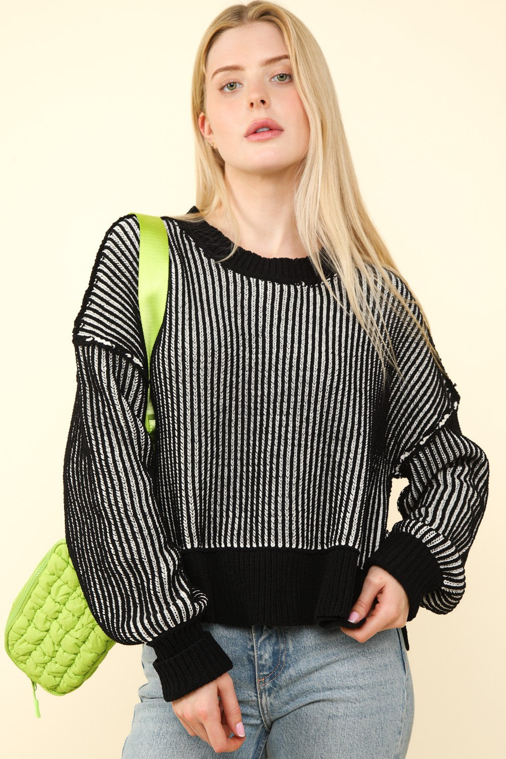 Trendy Two-Tone Striped Slit Crop Sweater with Exposed Seams