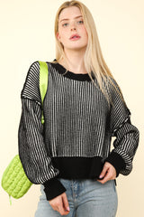 Trendy Two-Tone Striped Slit Crop Sweater with Exposed Seams