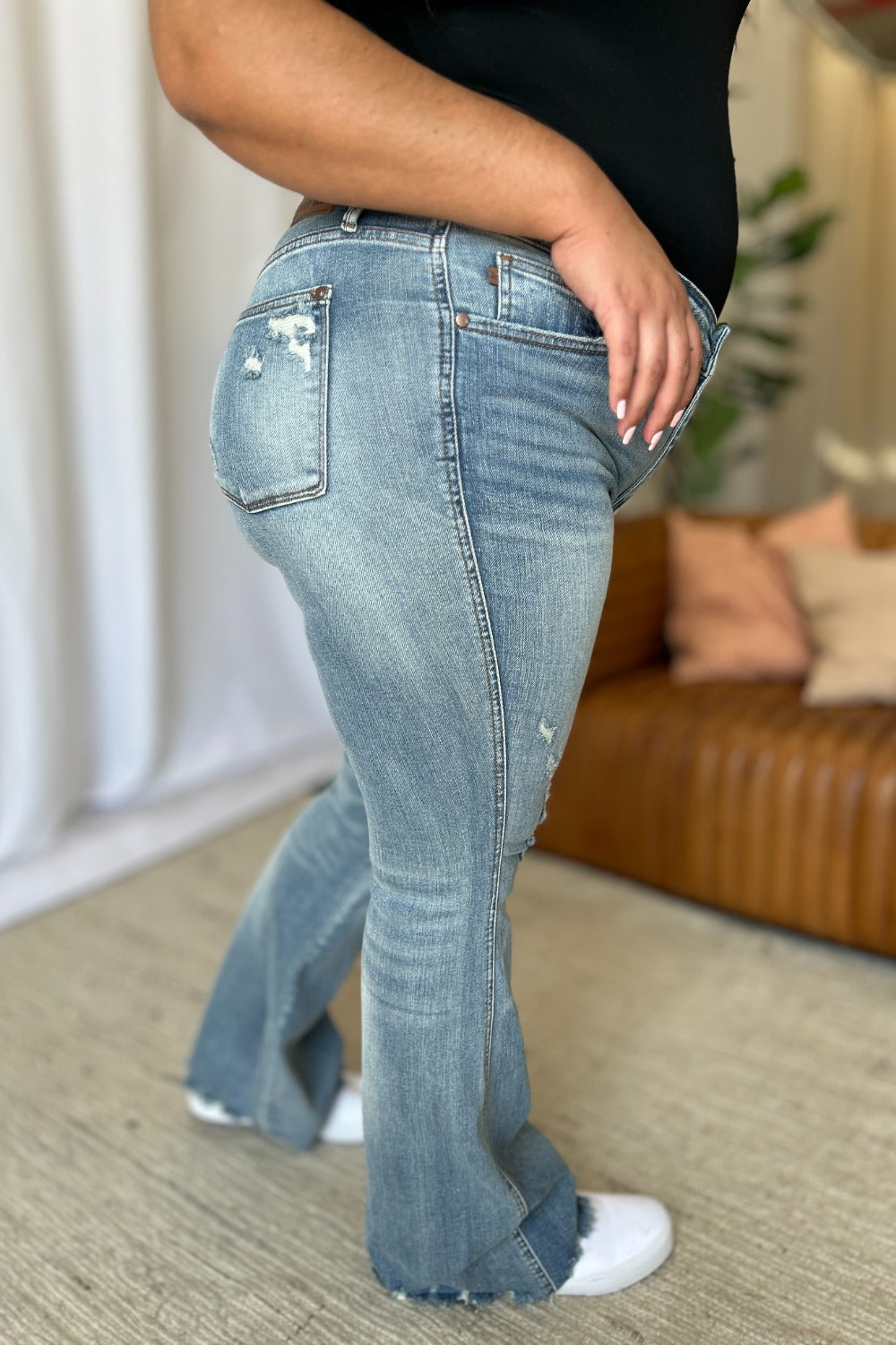 Judy Blue Women's Distressed Tummy Control Flare Jeans - Medium Rise Denim