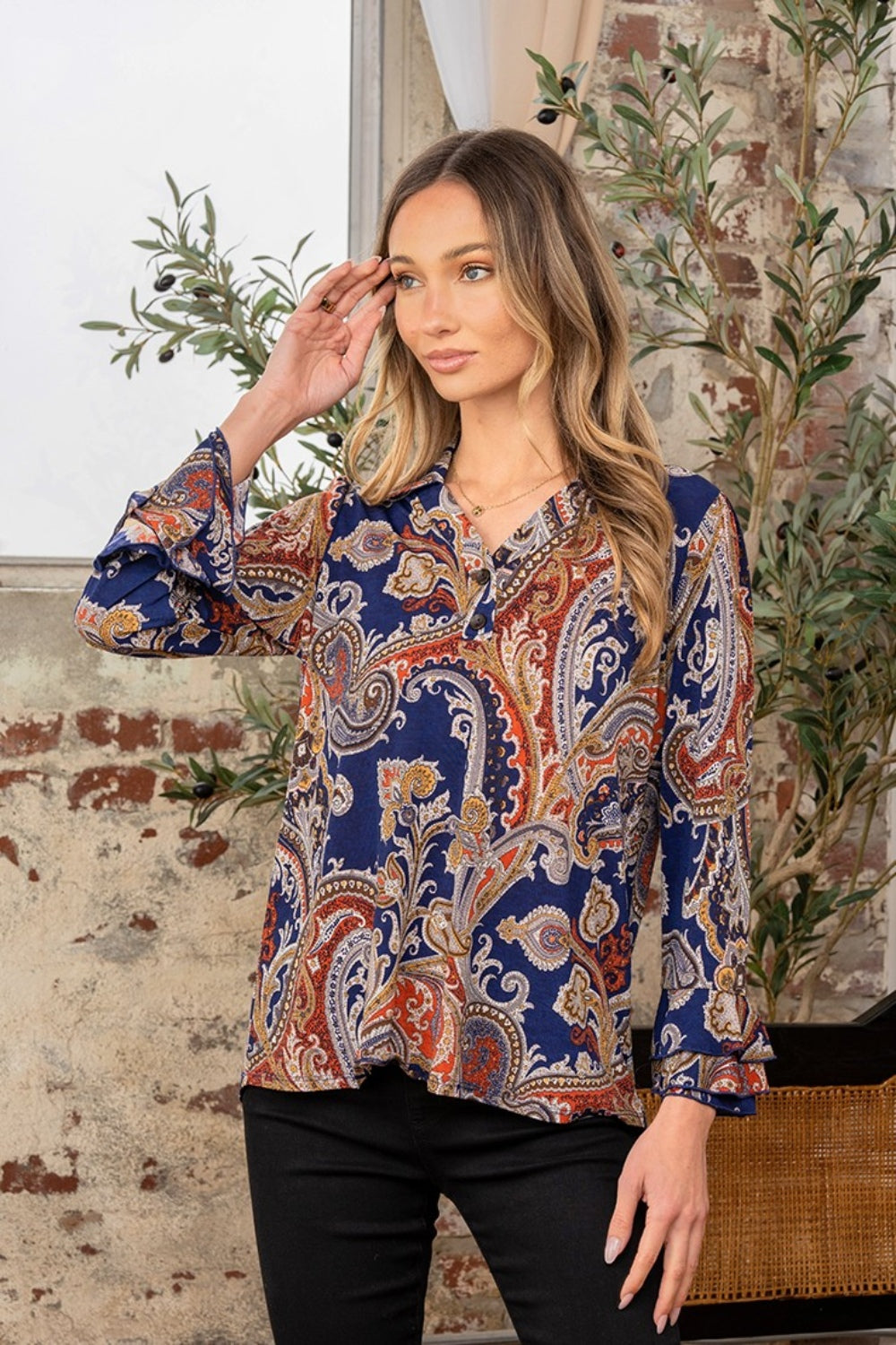 Full Size Wrinkle-Free Paisley Print Long Sleeve Top by Sew In Love