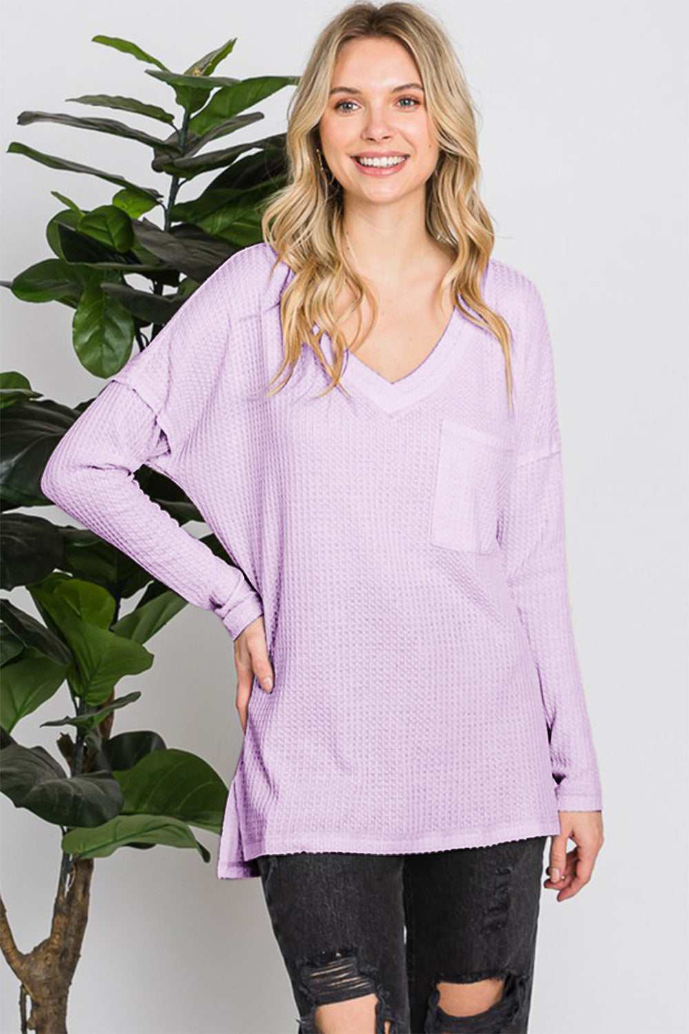 Cozy Waffle Knit V-Neck Long Sleeve T-Shirt for Women by Reborn J