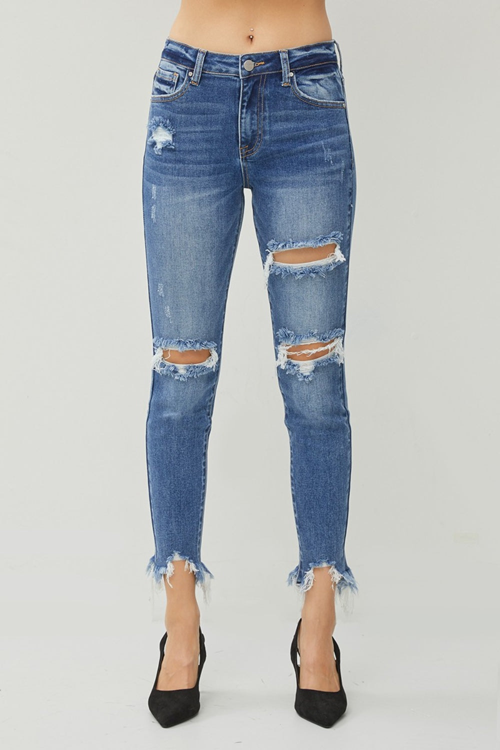 RISEN Distressed Frayed Hem Slim Jeans - Trendy High-Quality Denim