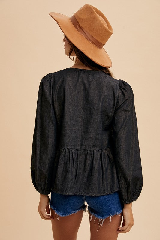 Trendy Tie Front Peplum Denim Top - Long Sleeve Fashion Blouse