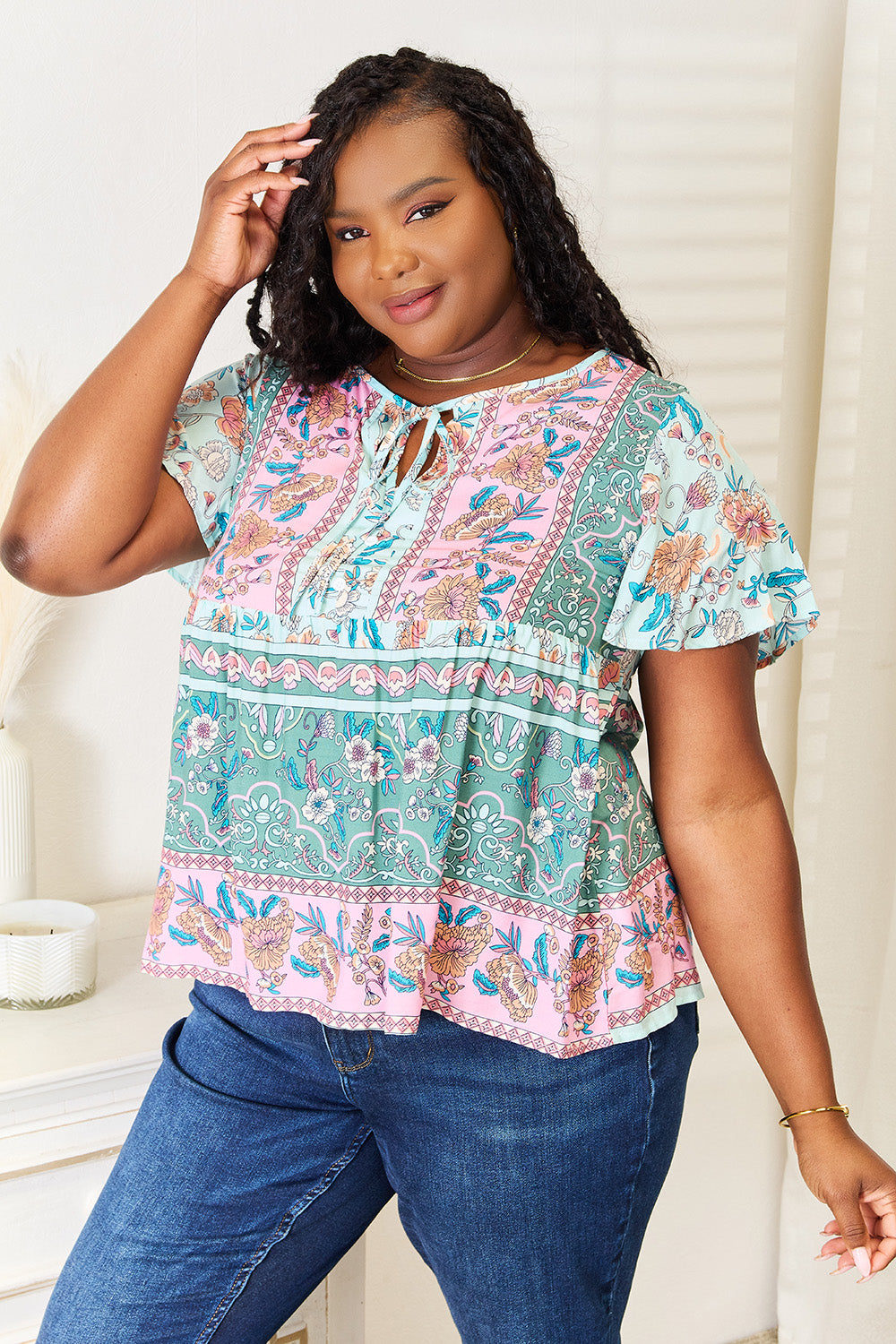 Chic Floral Tie-Neck Short Sleeve Blouse for Women - Versatile & Feminine