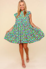 Haptics Frilled Mock Neck Ditsy Floral Dress with Tiered Design & Pockets
