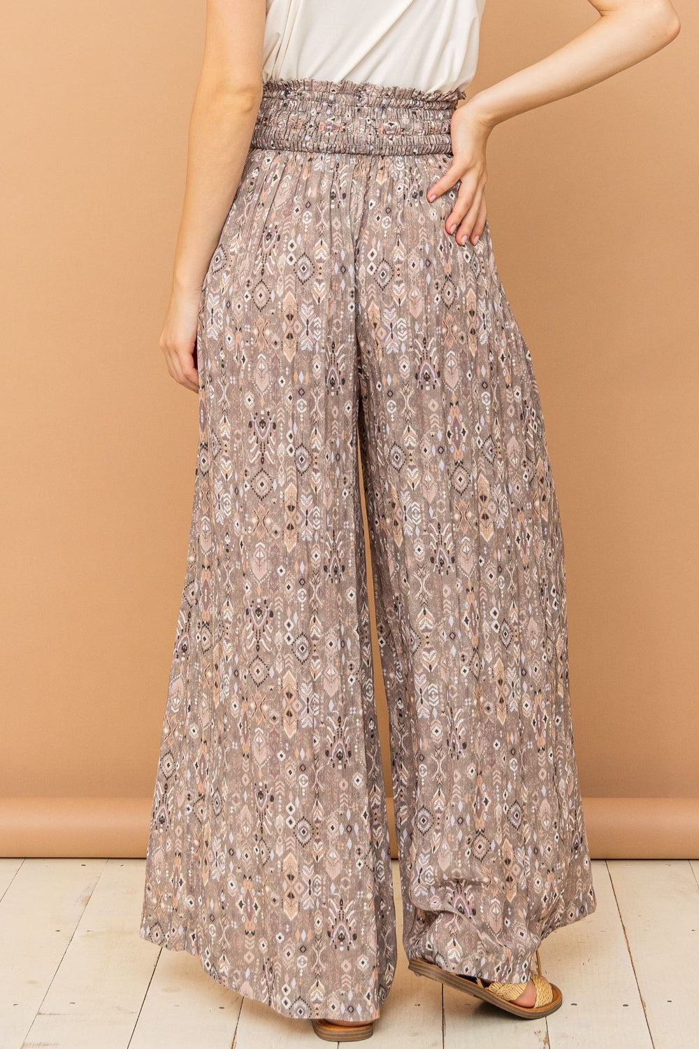 Trendy Printed Smocked Waist Slit Wide Leg Pants - Comfort & Style