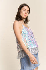 J.NNA Sequin Tassel Hem Flowy Cami - Elegant Festive Women's Top