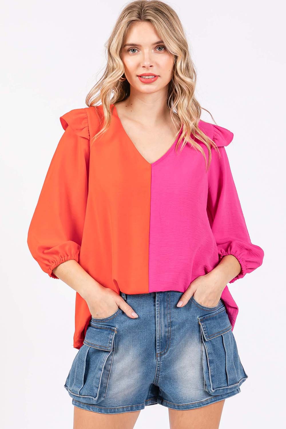 GeeGee Women's Full Size Ruffle Trim Contrast Blouse - Stylish & Elegant