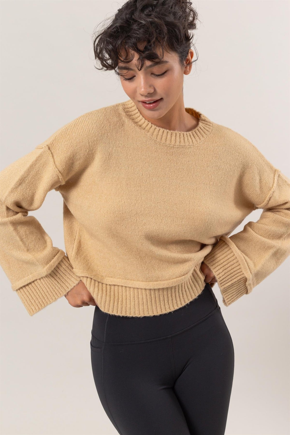 HYFVE Women's Ribbed Sweater with Round Neck and Dropped Shoulders