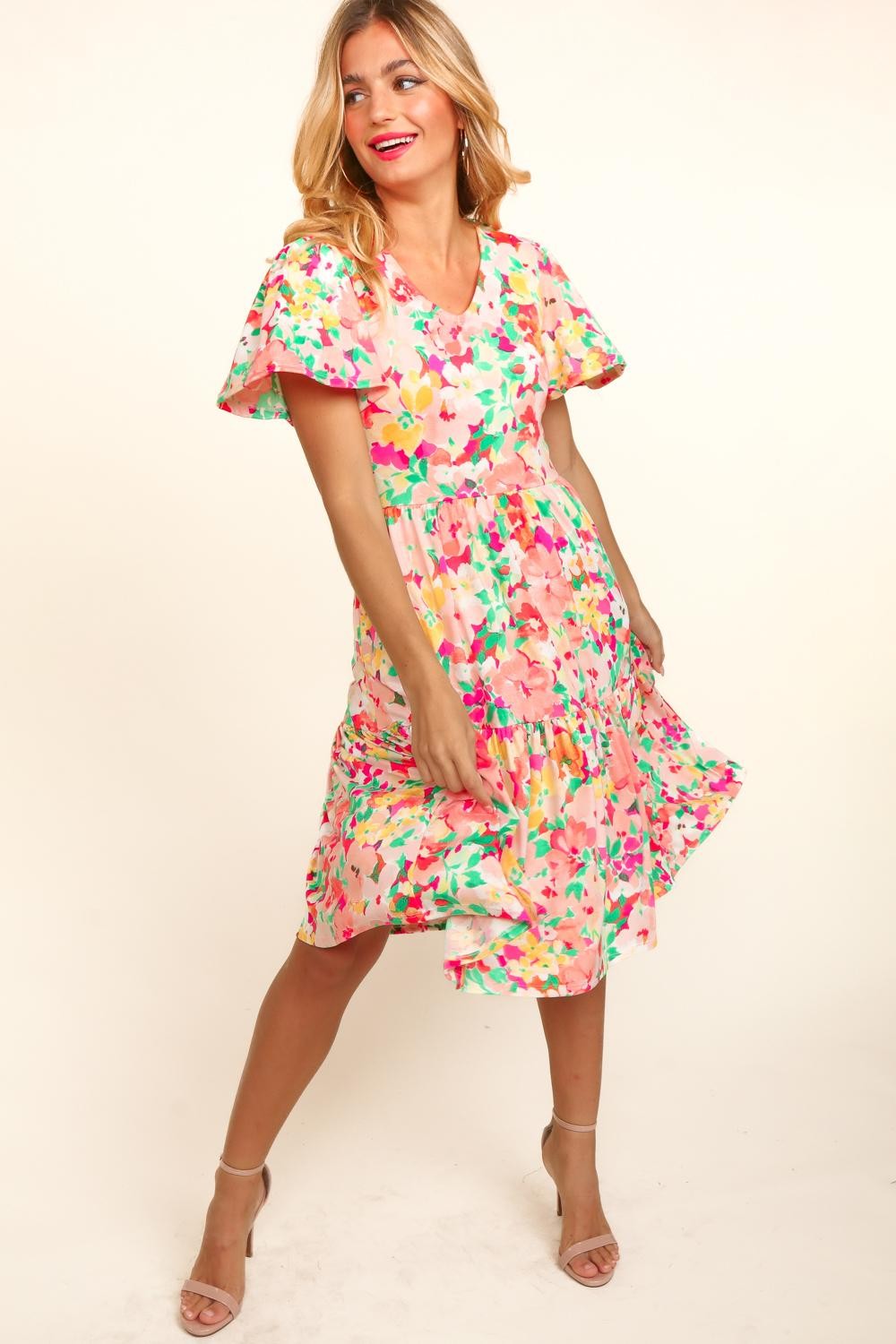 Chic Haptics Tiered Floral Midi Dress with Pockets - Feminine & Functional