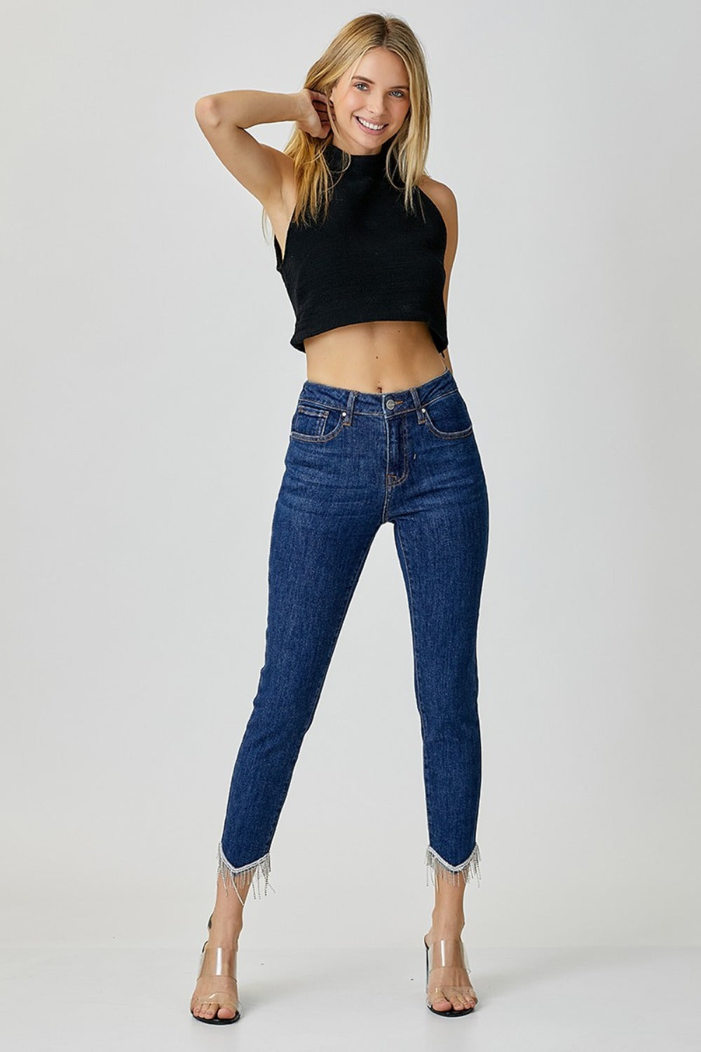 RISEN Embellished Mid Rise Crop Skinny Jeans - Trendy & Comfortable Denim