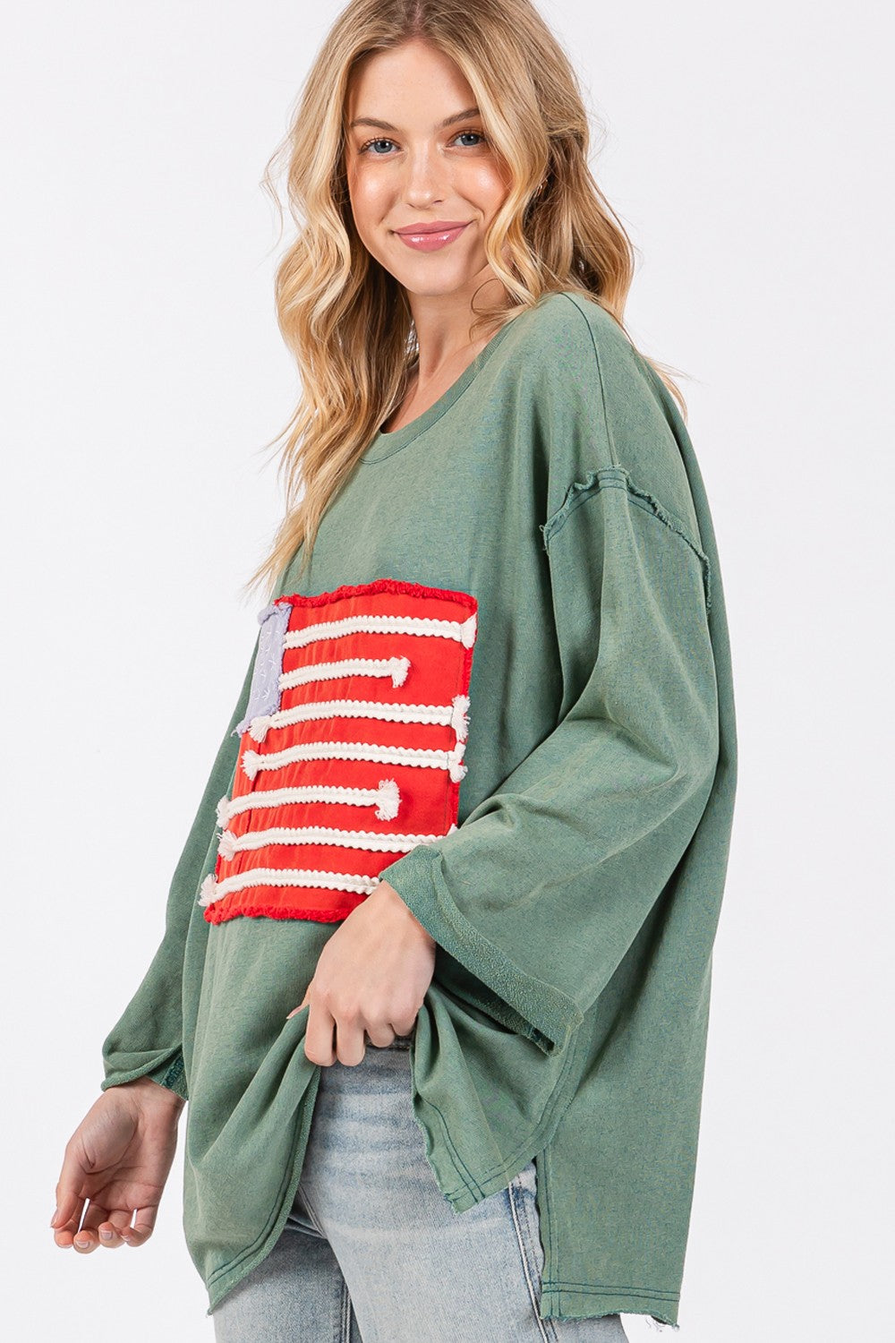 SAGE + FIG Patriotic American Flag Patch Cotton T-Shirt - Drop Shoulder Style