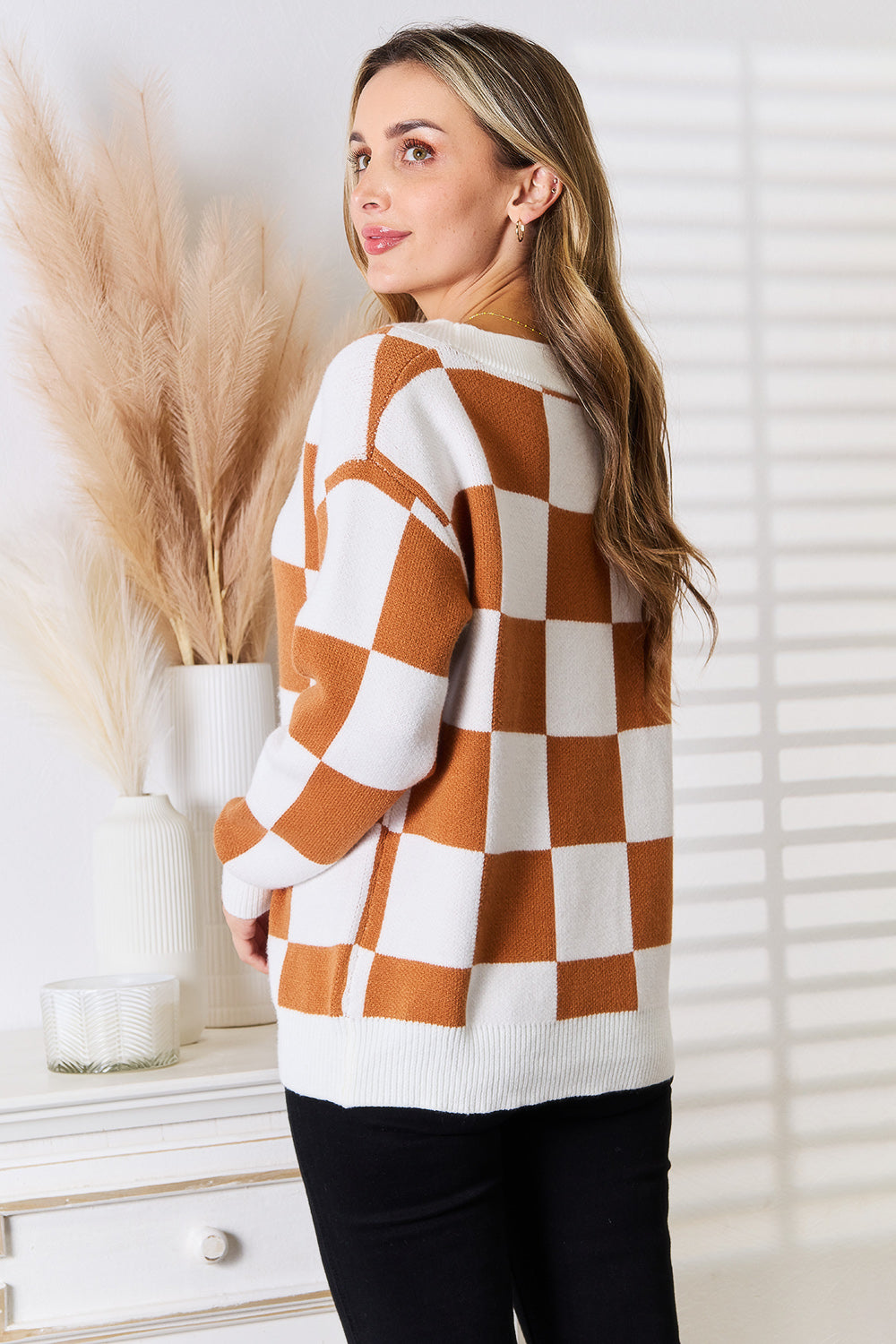 Trendy Checkered Button-Up V-Neck Cardigan with Dropped Shoulders