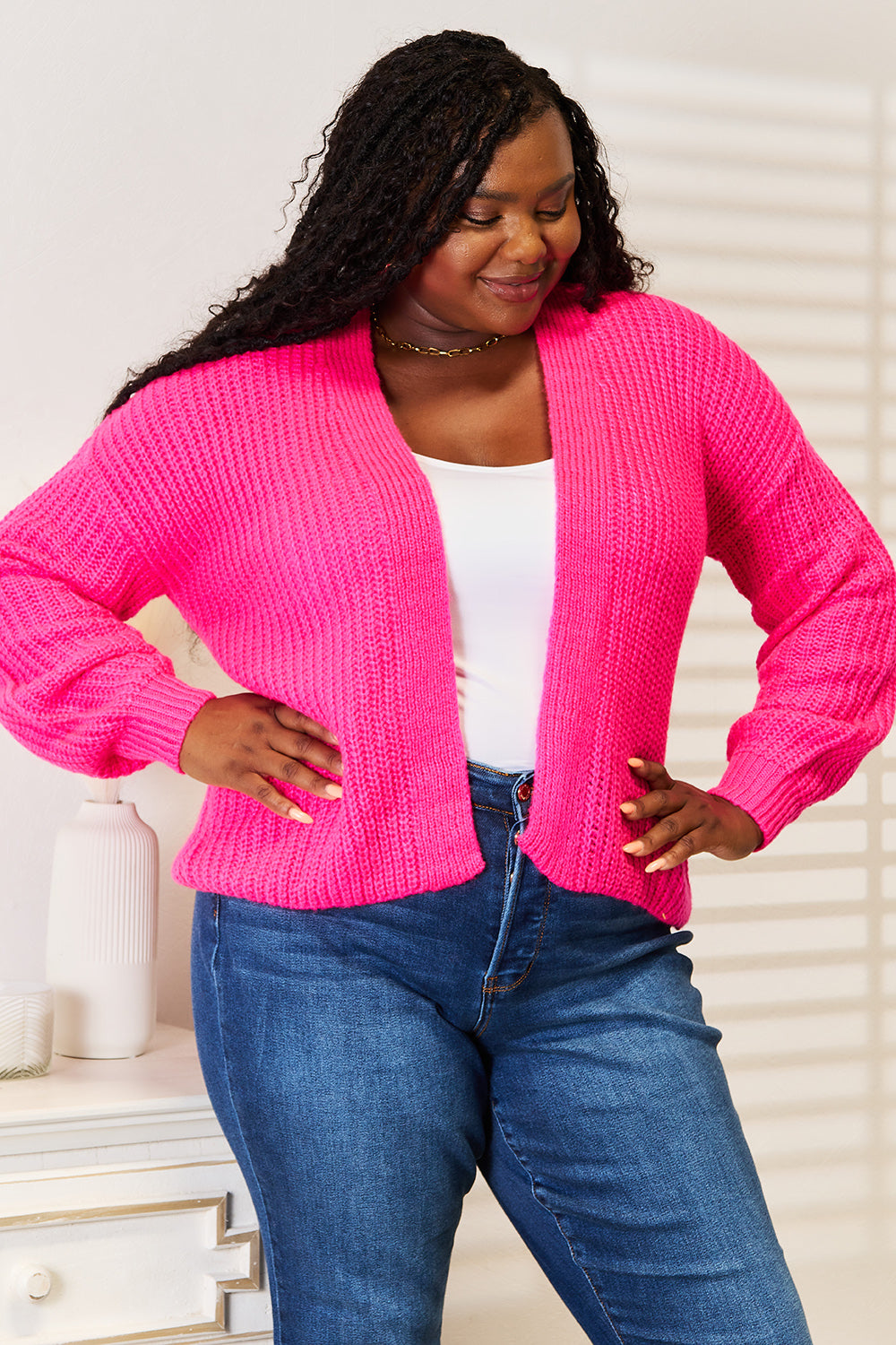 Cozy Rib-Knit Open Front Cardigan with Drop Shoulder Design
