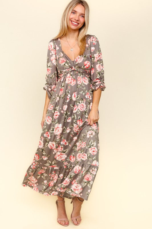 Haptics Floral Dress with Twisted Detail & Ruffled Hem - Elegant & Functional with Side Pockets