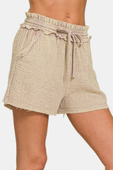 Zenana Women's Washed Frayed Hem Drawstring Cotton Shorts