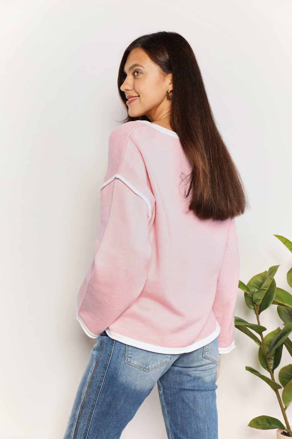 Contrast Detail Dropped Shoulder Knit Top - Elegant Boat Neck Pullover