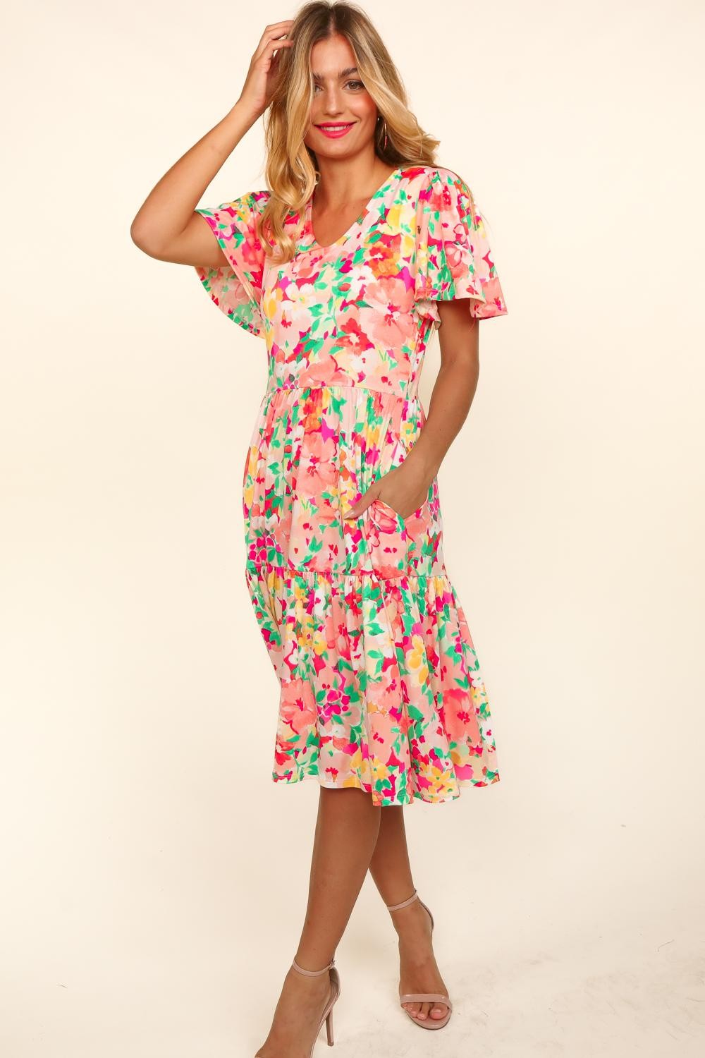 Chic Haptics Tiered Floral Midi Dress with Pockets - Feminine & Functional
