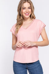 ACTIVE BASIC Women's Lace Trim V-Neck Short Sleeve Ribbed Top