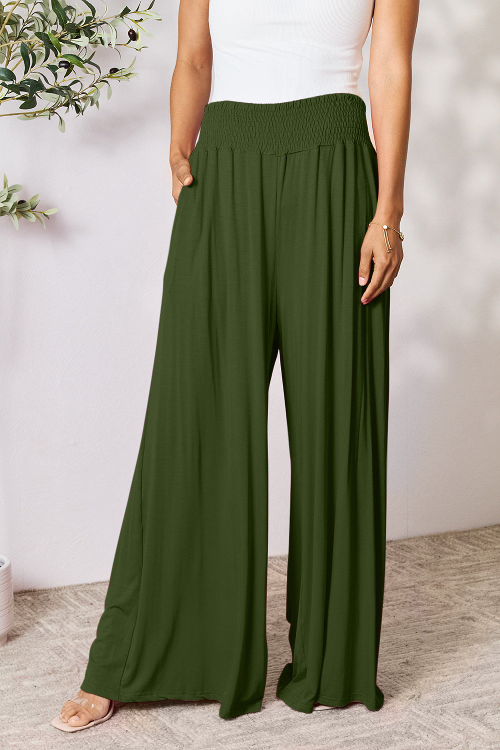 Women's Full Size Smocked High-Waist Wide Leg Pants - Trendy & Comfortable
