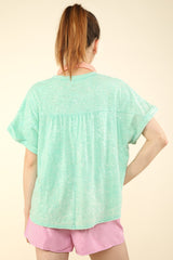 VERY J Notched Short Sleeve Washed T-Shirt - Trendy Knit Top