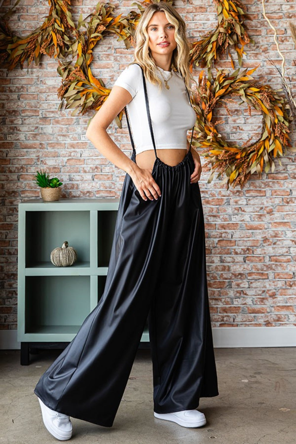 Trendy First Love Drawstring Back Spaghetti Strap Wide Leg Overalls