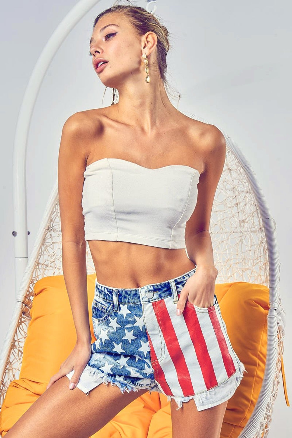 BiBi USA Flag Themed Bleached Denim Shorts - Patriotic Summer Style