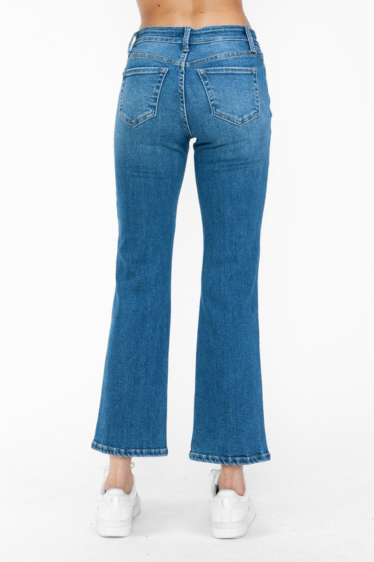 Back view of bytos Cat's Whiskers Mid Rise Ankle Jeans showcasing the flared cut and trendy style.