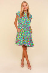 Haptics Frilled Mock Neck Ditsy Floral Dress with Tiered Design & Pockets