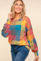Haptics Contrast Plaid Round Neck Sweater - Cozy & Stylish Wardrobe Essential