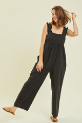 HEYSON Full Size Ruffled Strap Back Tie Wide Leg Cotton Jumpsuit - Trendy & Versatile